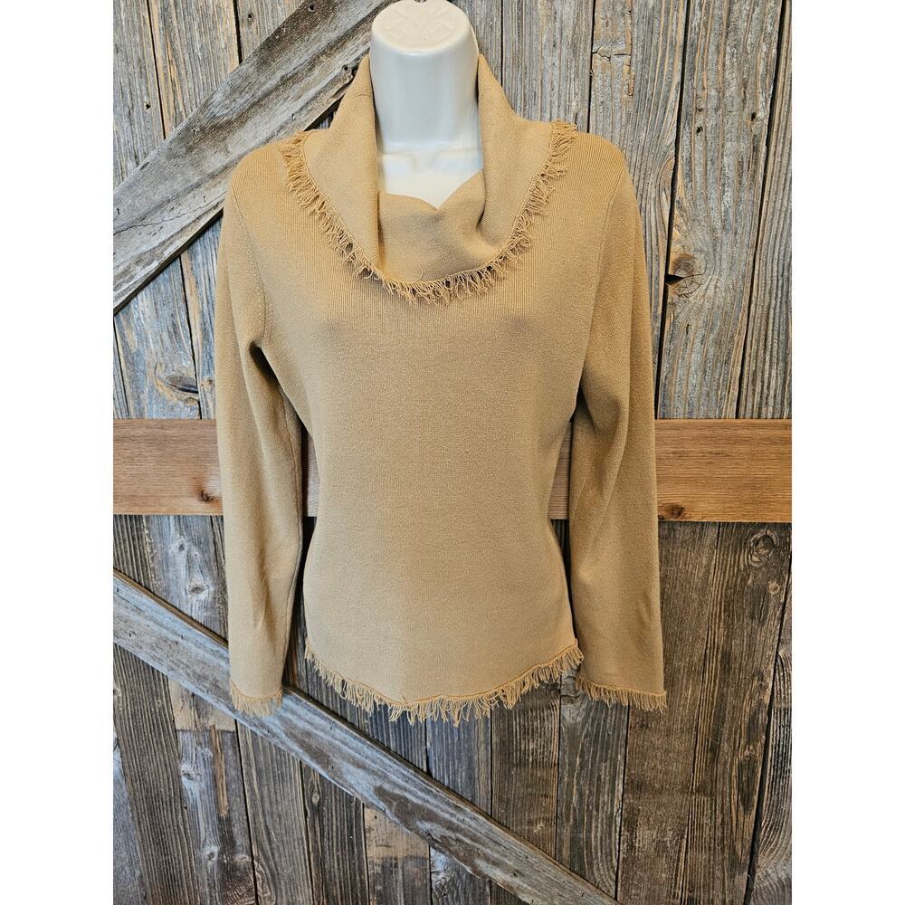 JH collection size medium raw hem boho Raglan cowl neck Carmel beige tan warn
